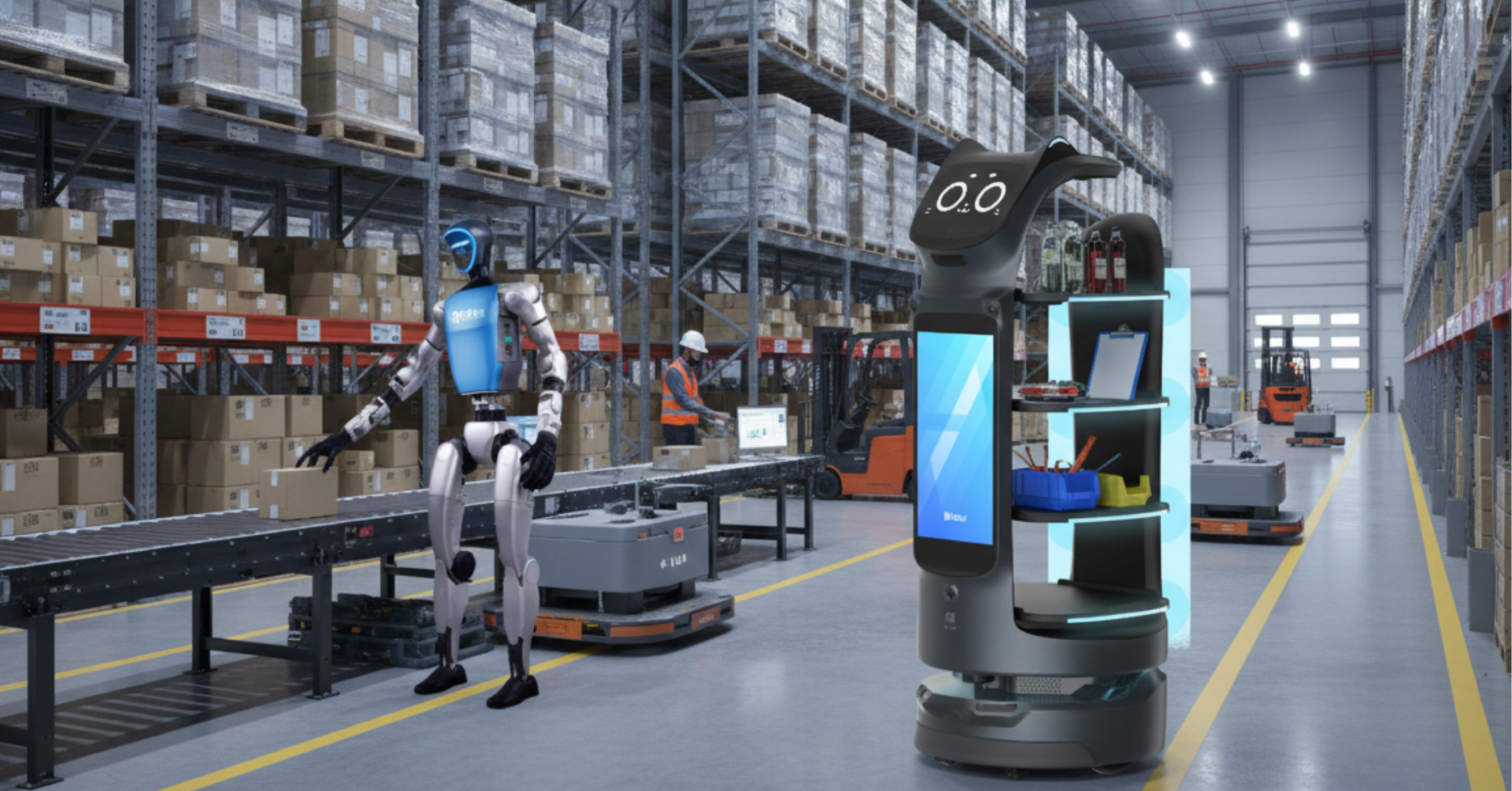 Humanoid robot working in a warehouse